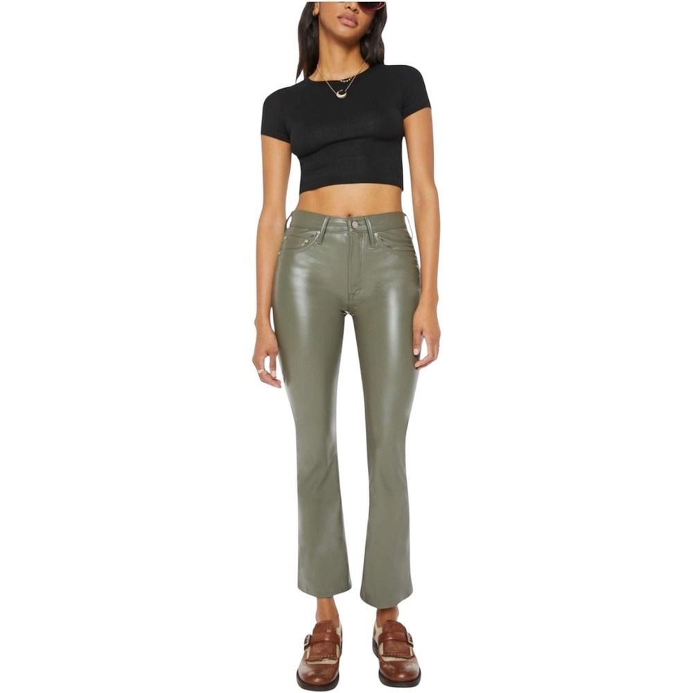 MOTHER The Insider Flood Faux Leather Pants Cinder Block Gray Green NWT Sz 24